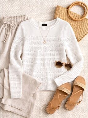 Talbots 100% Cotton Open Knit Sweater White Lightweight Coastal Chic L